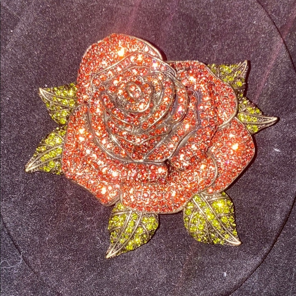 Heidi Daus Elegant Large Rose Brooch with Red and Green Crystal Rhinestones